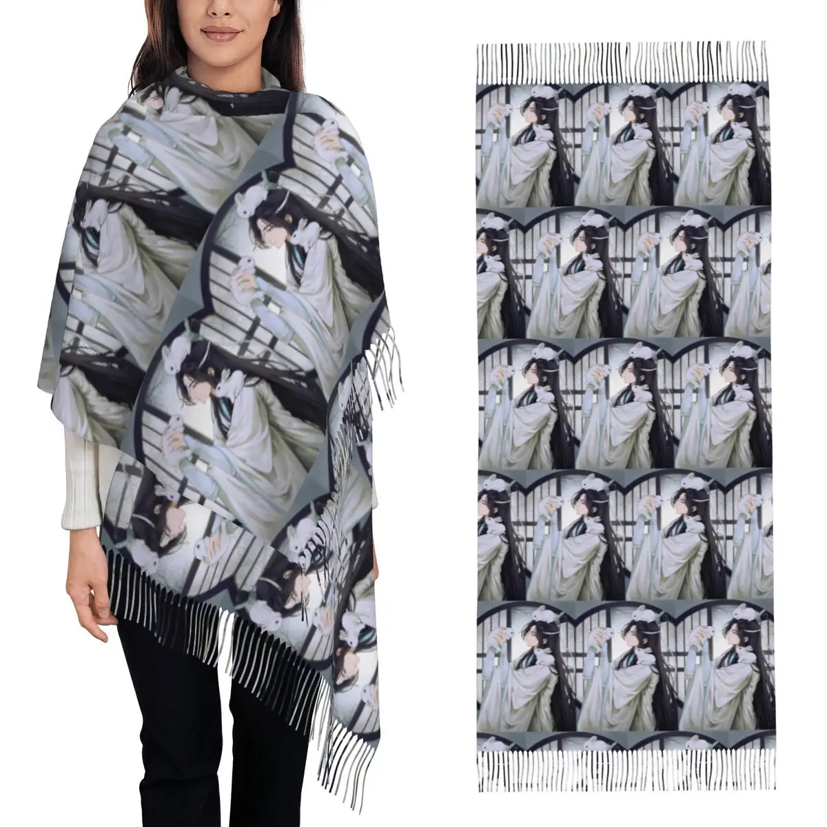 Lan Zhan And Rabbits Mo Dao Zu Shi Anime Scarf Tassel Scarves for Women Soft Warm Shawls and Wraps Large Fall Winter Shawl Wrap