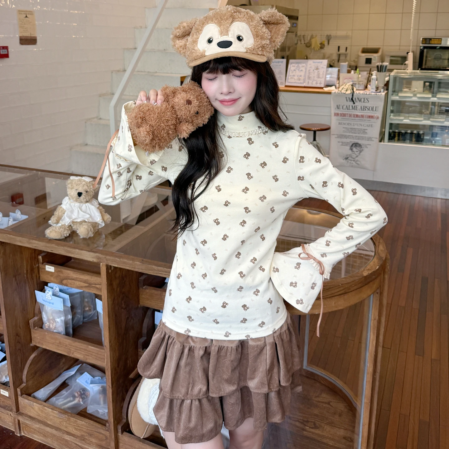 

Lakisland 2025 Autumn Winter High Ne Knitted Lace Bear Knot Hem Base irt Top Vintage Sle Slim Fit Cotton Blend