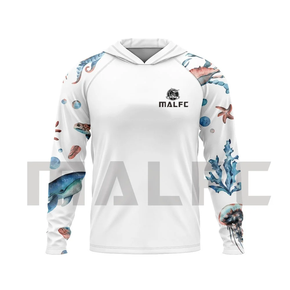 MALFC طويلة الأكمام الصيد تي شيرت الأشعة فوق البنفسجية حماية الصيد ملابس الرجال هود قميص الصيد