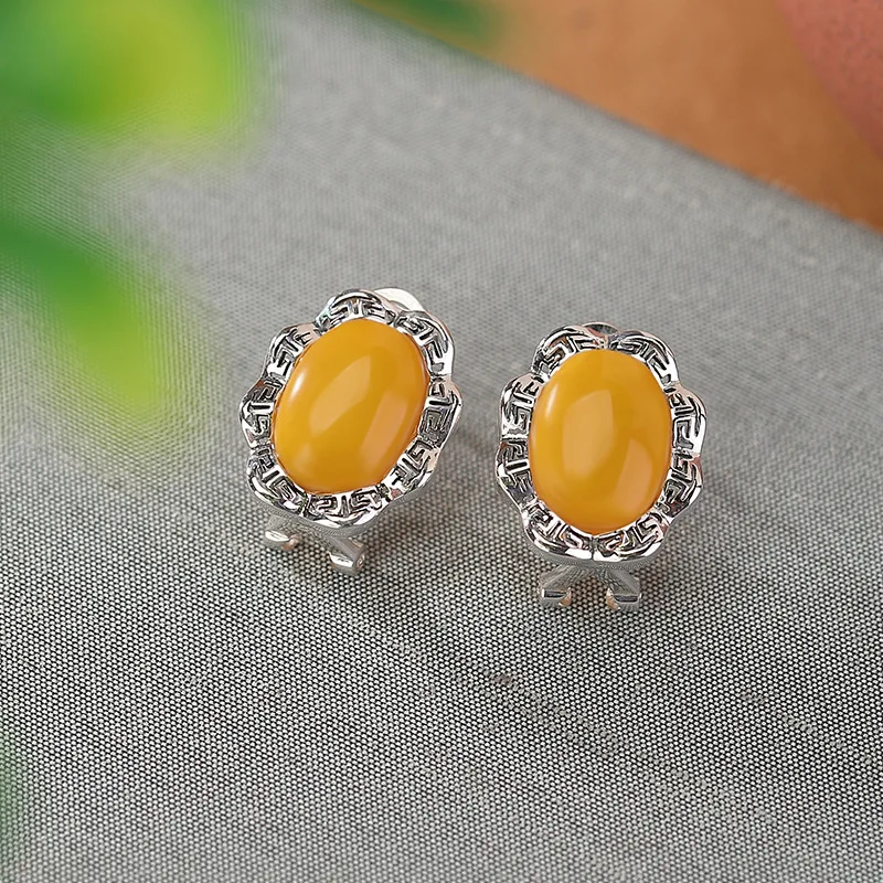 S925 Sterling Amber Lucky Wave Pattern Earrings Elegant Versatile Silver Ear Clips