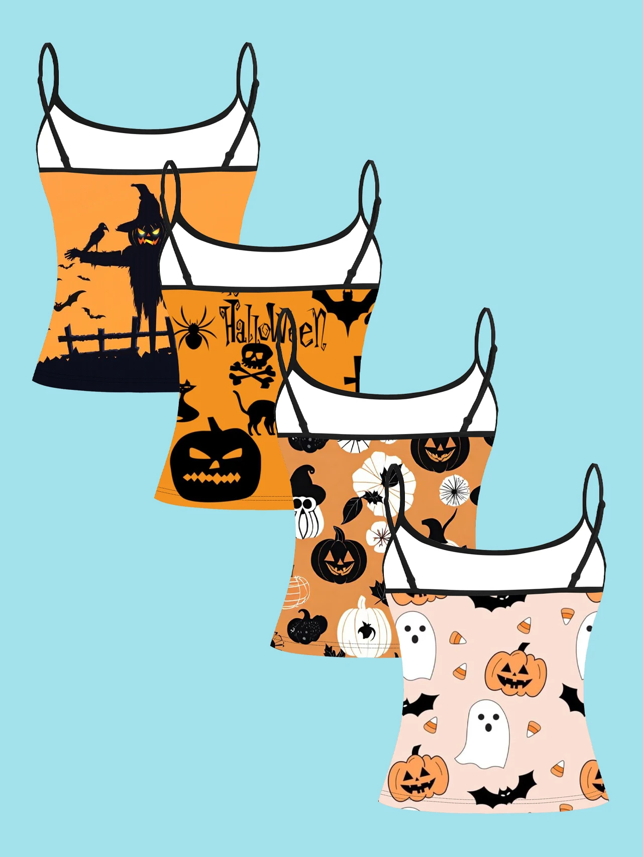 4-Pack of Halloween Simple Black and White Style Women's Camisoles with Designs of Trick-Or-Treat, Scarecrow, Bat, Spider, Skull, Pumpkin, and Ghost Candy, Slim-Fit Spaghetti Strap Short Camisole Tops