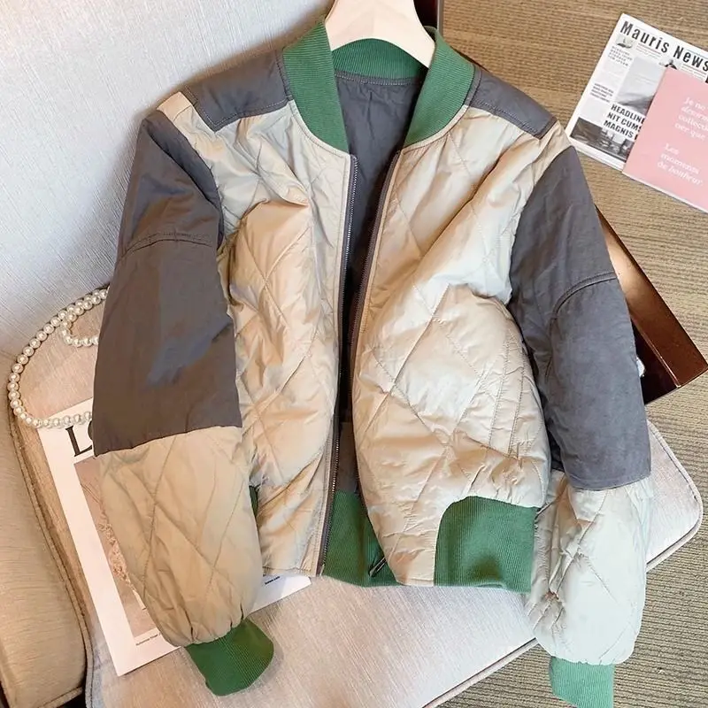 Harajuku Plaid Zipper Flight Jacket Women Autumn Cotton Thick Stand Collar Loose Jackets Chic Vintage Y2K Coat Tops