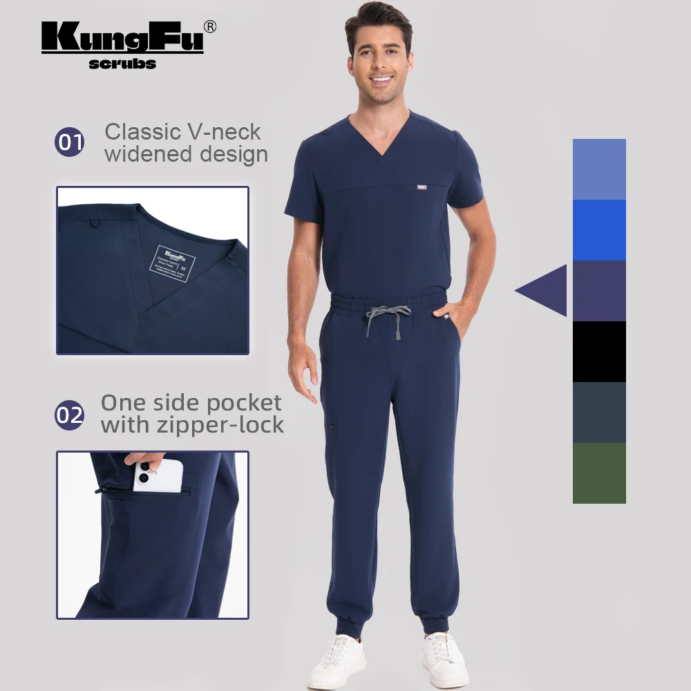 

Медицинский костюм KUNGFU SCRUBS для мужчин, 2 предмета: топ с V-образным вырезом и брюки. Мягкий, дышащий, антибактериальный, водонепроницаемый. Униформа для работы.