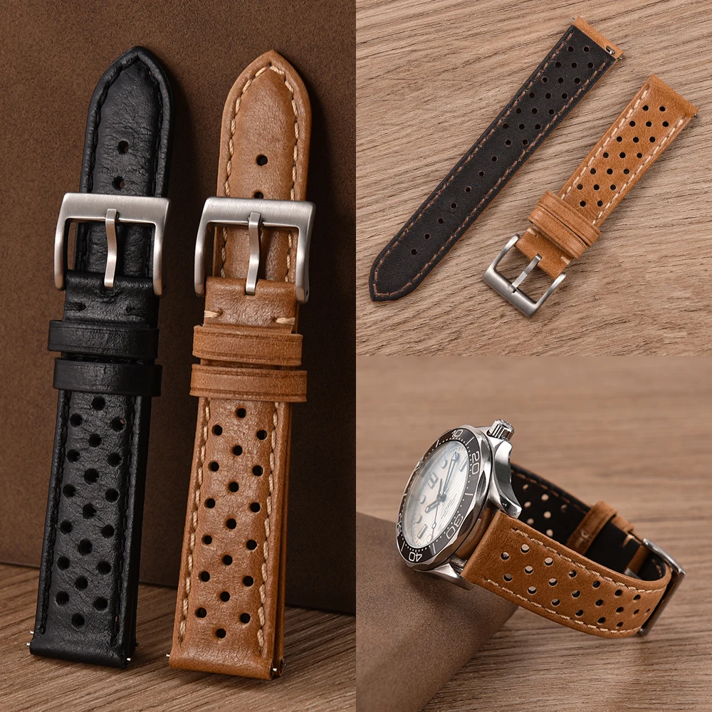 Handcrafted Vintage Leather Watch Strap Universal Quick Release 18mm 20mm 22mm Breathable Sport Watch Bands Wristbelt