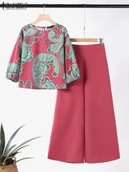 ZANZEA 2PCS Women Summer Pant Sets Casual Matching Sets Floral Tracksuits Spring 3/4 Sleeve Blouse Wide Leg Trousers Suit 2025
