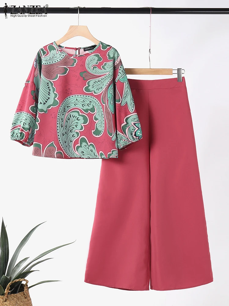 ZANZEA 2PCS Women Summer Pant Sets Casual Matching Sets Floral Tracksuits Spring 3/4 Sleeve Blouse Wide Leg Trousers Suit 2025