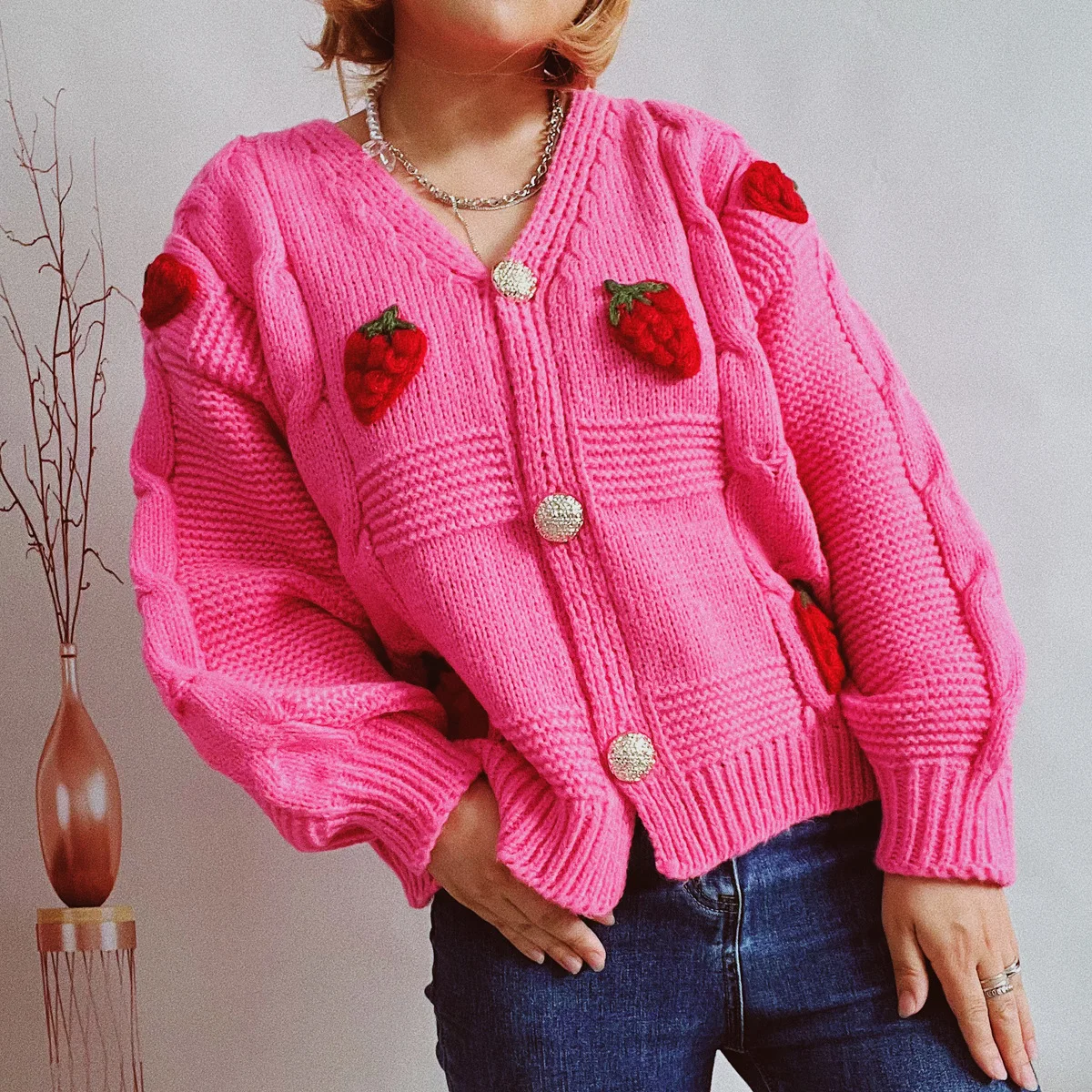 

2025 Casual Loose Strawberry Embroidery Thick Fried Dough Twists Single Breasted Knitting Sweater Coat Cardigan Women