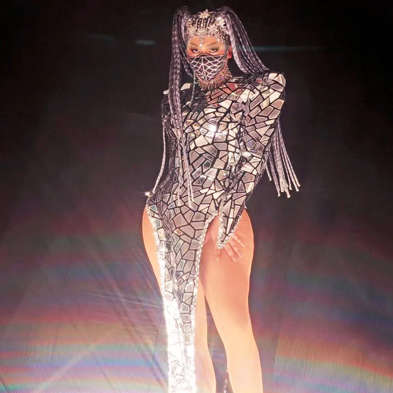 

Танцевальный костюм для бара, ночного клуба, певицы, танцовщицы, сценическая одежда, серебряное лазерное зеркало, длинное платье с разрезом, костюм Drag Queen