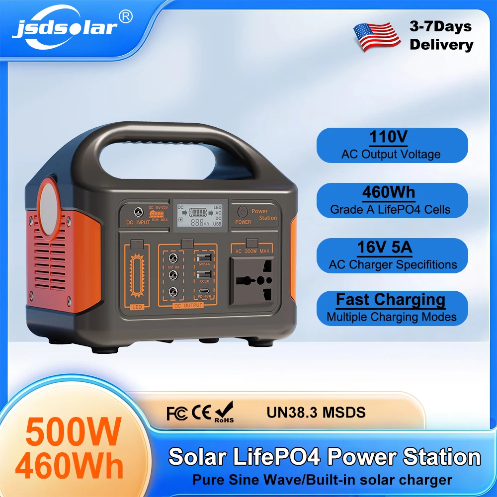 jsdsolar 460WH Power Bank 500W Outdoor Camping Mobile Lifepo4 Battery 220V US Plug Intelligent Solar Charger Electric Generator