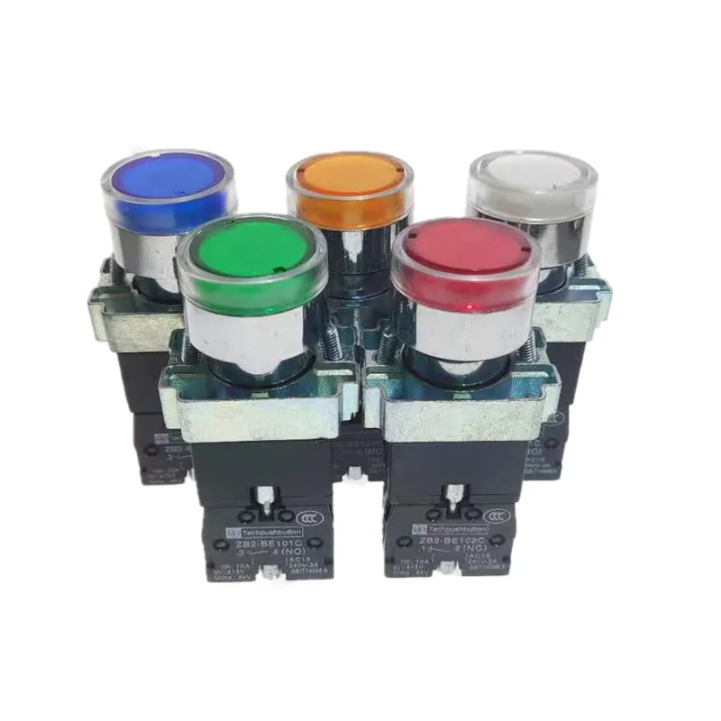 22mm Momentary XB2-BW3361 Round Push Button Switch with LED Light 1NO 24V/AC220V/AC380V Green,Red,Yellow,Blue ZB2-BE101C