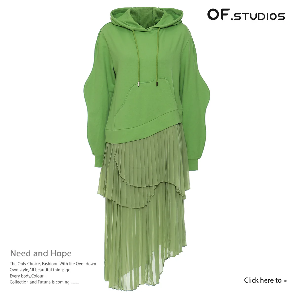 

OF.STUDIOS 2024 Wave Irregular Splicing Pressure Pleat Fake Two Piece Sweatshirt Dress Women