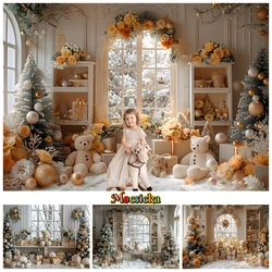 Christmas Home Decoration Photo Backdrop Yellow Flower Bear Tree Baby Shooting Props Birthday Photography Background Photobooth