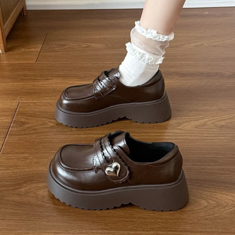 

2026 New Women Black Platform Loafers French Style Mary Jane Shoes PU Leather Velcro Strap Height Increasing Casual Spring