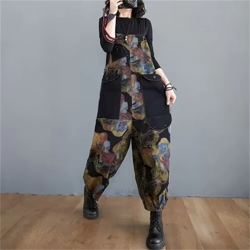 

Vintage Print Floral Denim Jumpsuit Women Loose Wide Leg Baggy Straps Cargo Pants Streetwear Big Size Black Jeans Overalls Femme