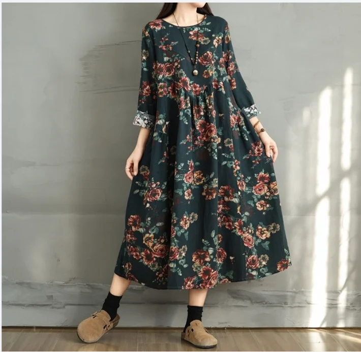 Baumwolle Vintage Print Floral Kleider 2025, Frauen Casual Lose Langarm Kleid Femme Robe Vestidos Elegante Frühling Herbst Kleidung