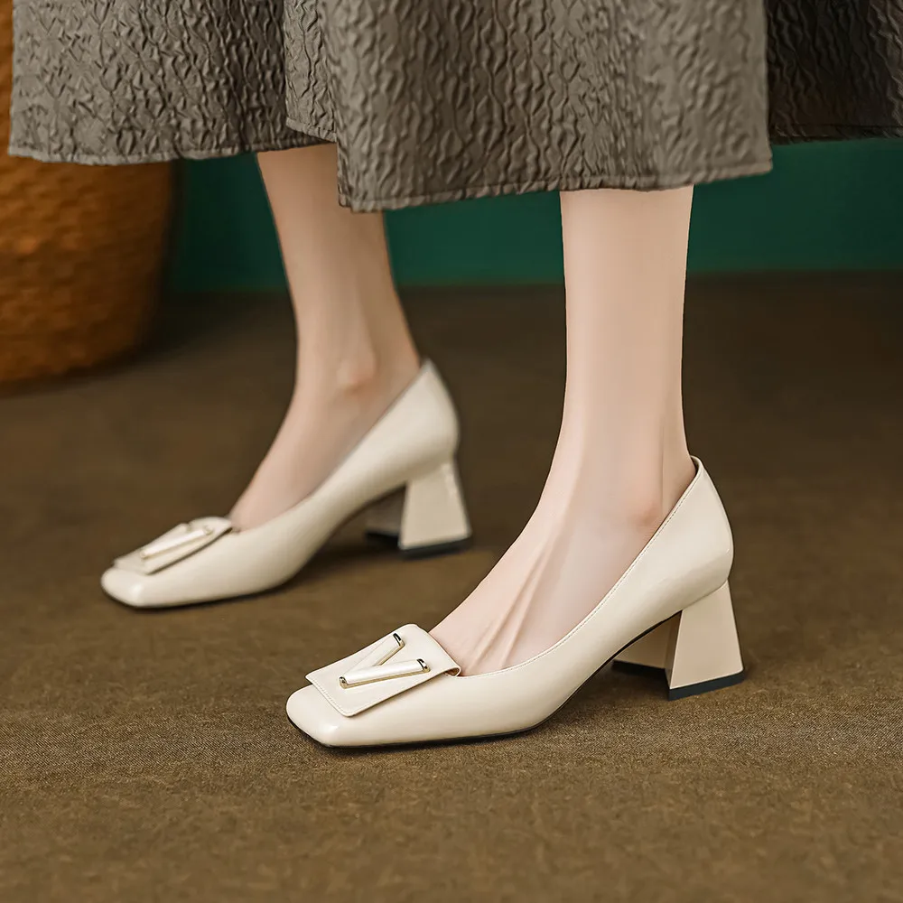 Aucegi Spring Summer Elegant Pumps Fashion Ladies Genuine Leather Square Toe Casual Med Heels Female Shallow Party Dress Shoes