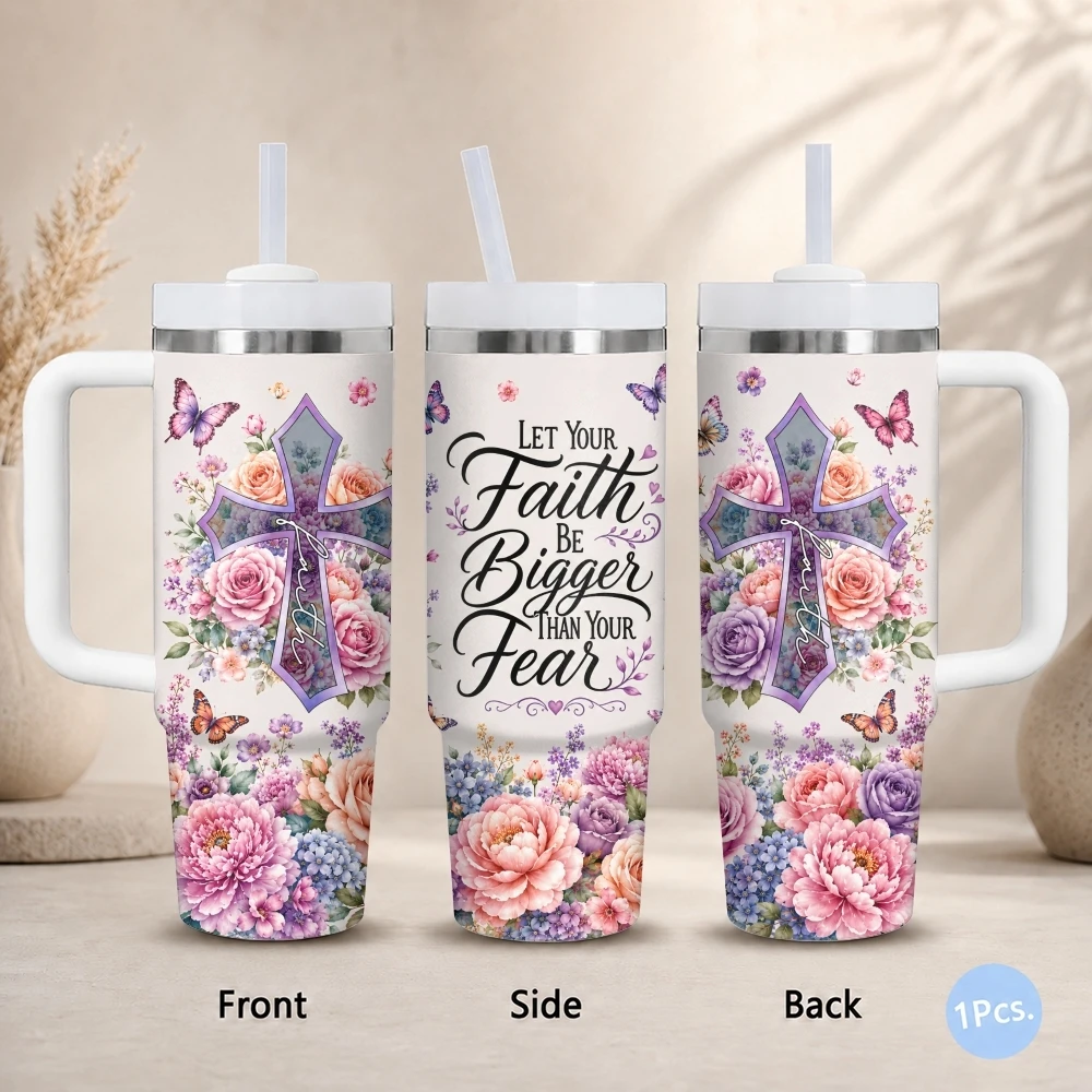 Christian Quotes Cross Faith Vacuum Flasks 40oz Stainless Steel Insulated Tumbler with Handle Straw Lid Leakproof Travel Mug