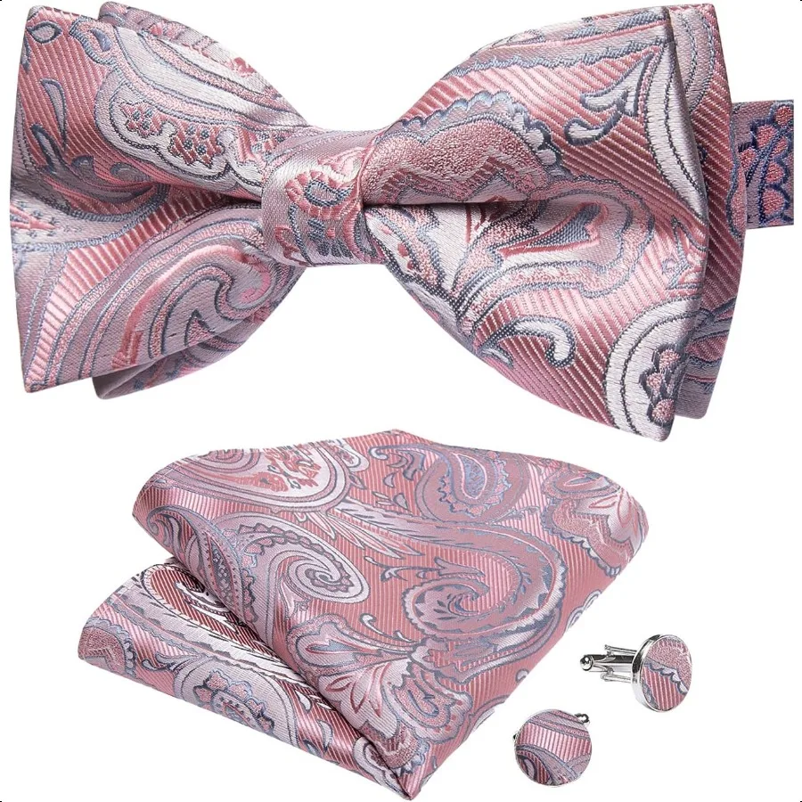 DiBanGu Paisley PreTied ผูกโบว์สําหรับผู้ชายผ้าไหมปรับ Bowtie และ Pocket Square Cufflinks สําหรับงานแต่งงาน