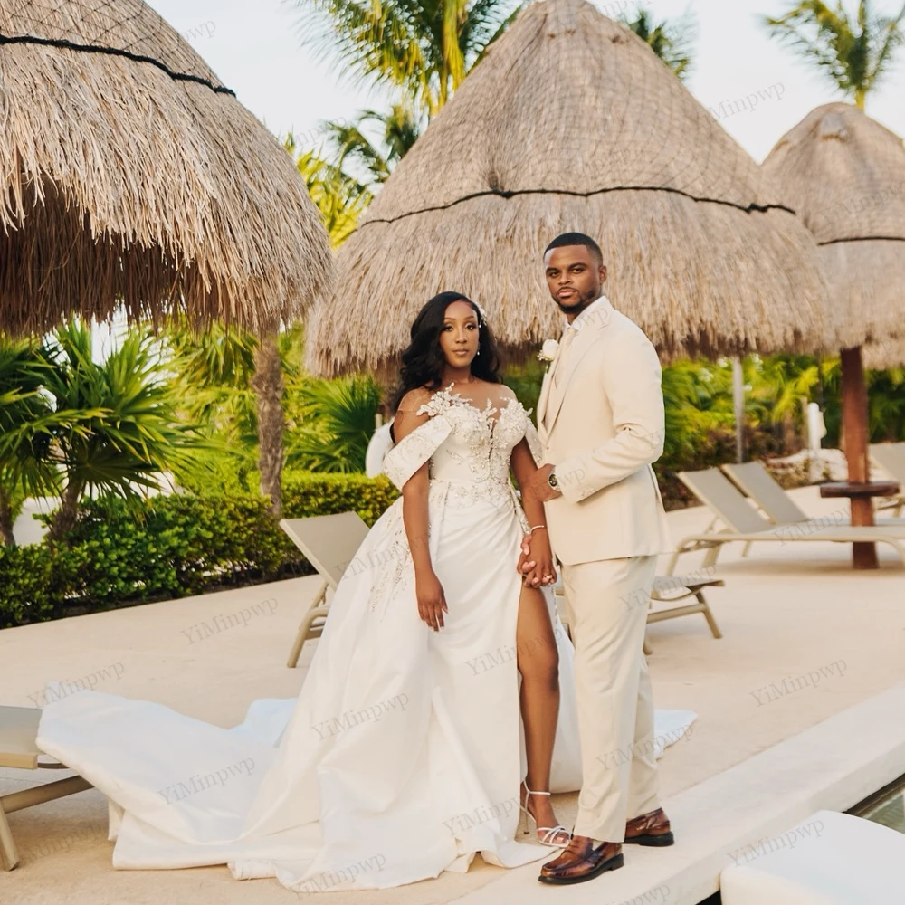 فستان زفاف أنيق بكريستال Aso Ebi برقبة دائرية 2 في 1 ذيل العروس بدون أكتاف حورية البحر مزين بفتحة من الساتان سويب تراين #2