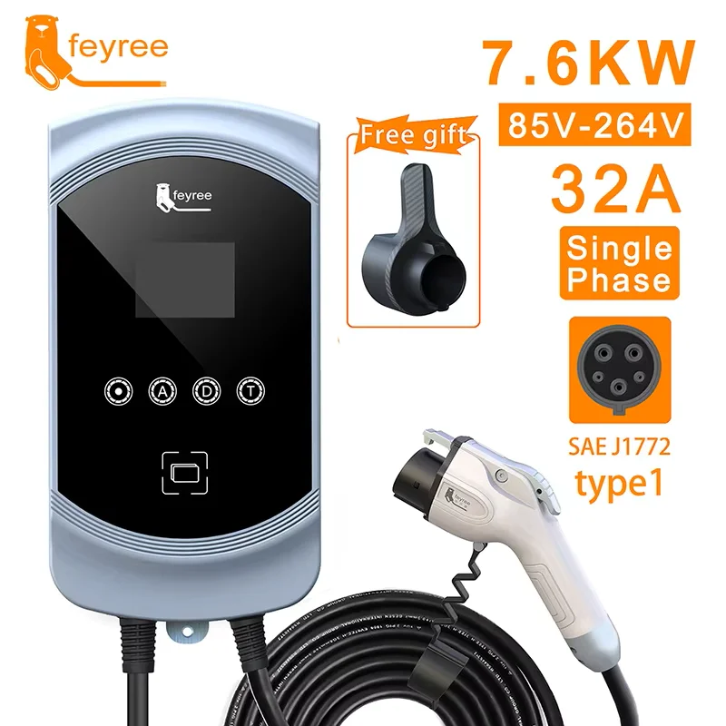 feyree  50A 12KW 1Phase EV Charger Type1 Cable J1772 Cord 40A 9.6KW 32A 7.6KW EVSE Wallbox Charging Station for Electric Vehicle