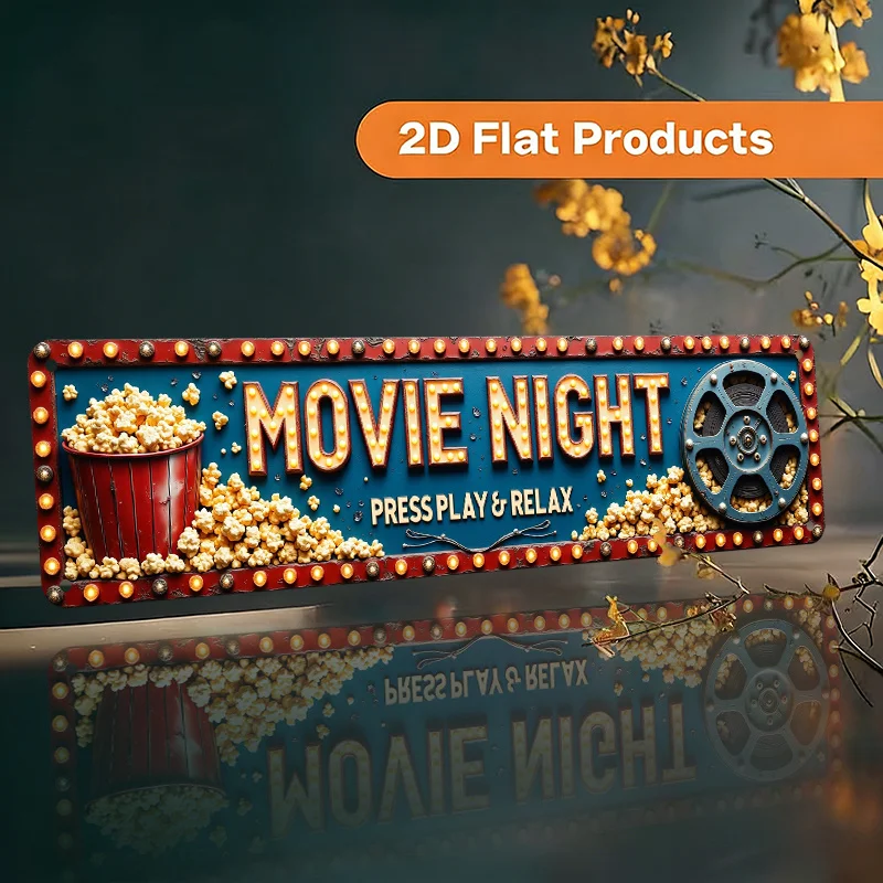2D Flat, Retro Cinema Wall Sign with Marquee Lights & Popcorn Bucket - Vintage Movie Theater Decor Suitable for Home Theater