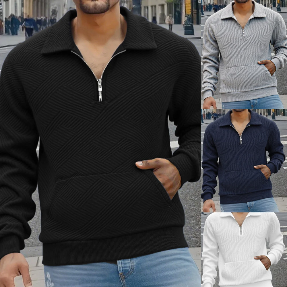

Men's Sense of Texture Lapel Sweatshirt Solid Color Hoodies Streetwear Half Zipper Coats Knitted Jacquard Long Sleeve Pullover