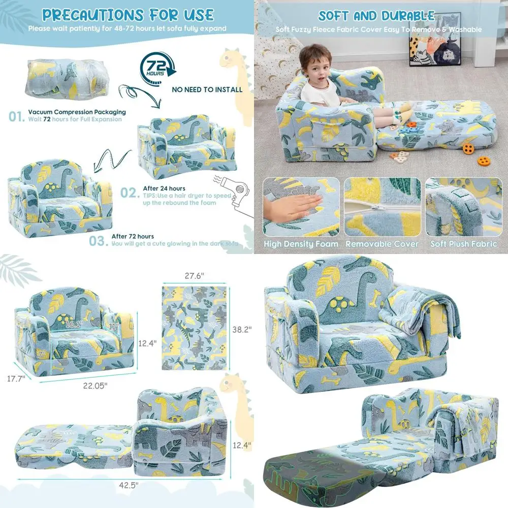 

Детский диван-трансформер 2-в-1 с пледом, превращающийся в шезлонг для детей, с дизайном светящегося динозавра