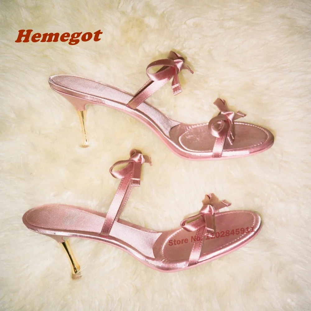 Round Toe Minimal Heeled Sandals Satin Front Strap Butterfly-Knot Women's Slippers Slip On Pink Elegant Party Shoes Luxury Sexy