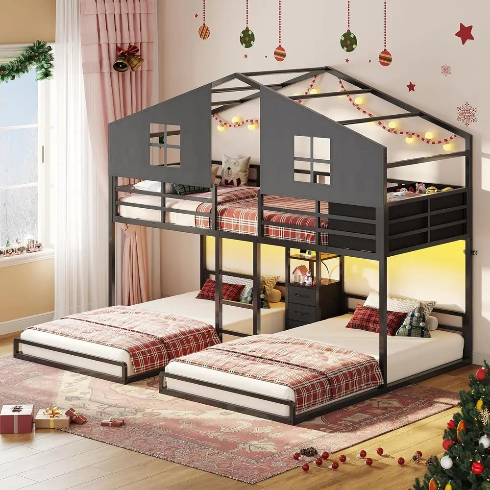 

Twin Size Metal Bunk Bed with House, 4 Drawers, Charging Station, LED Lights, Safety Rail, and Play Curtain, Black