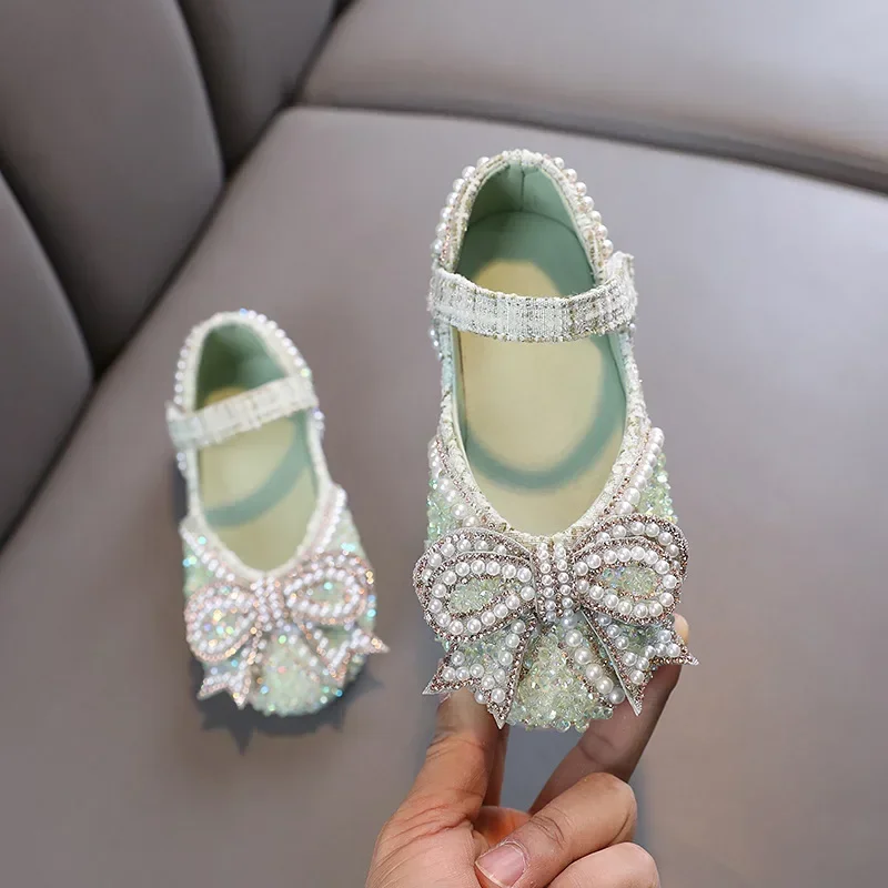 Girls Shoes Bling Single Shoes for Stage Performance Mary Janes Bow Crystal Glitter Wedding Flats Dance Party Leather Shoes New