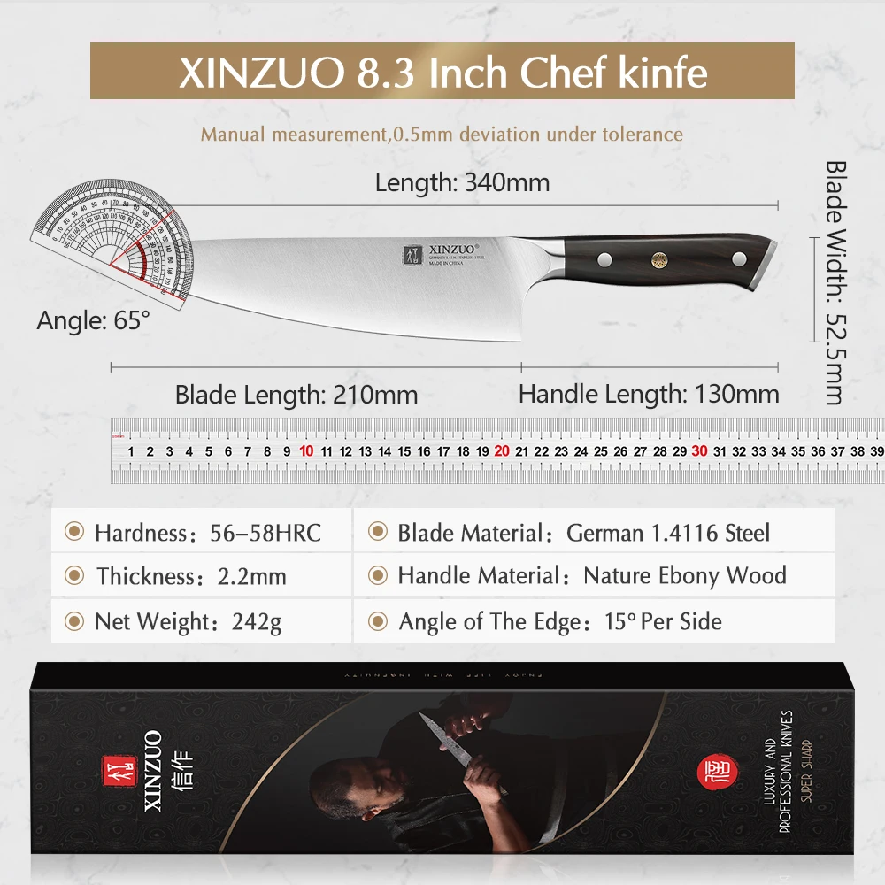 XINZUO Classic Design 8.3\'\' Chef Knife Kitchen Knife 56-58HRC German 1.4116 Steel Razor Sharp Cutting Meat With Comfort Handle