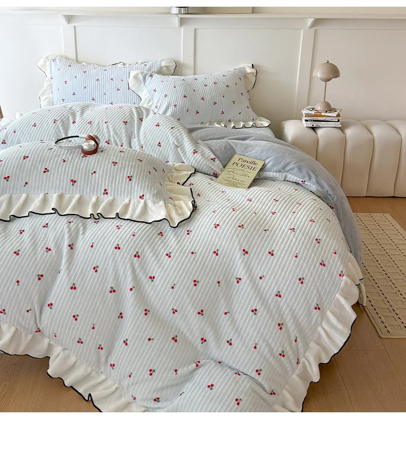 2026 Princess Winter Milk 4pcs Bedding Sets Lovely Cherry Warm Quilt Cover Thickened Bedspread for Women Bedroom