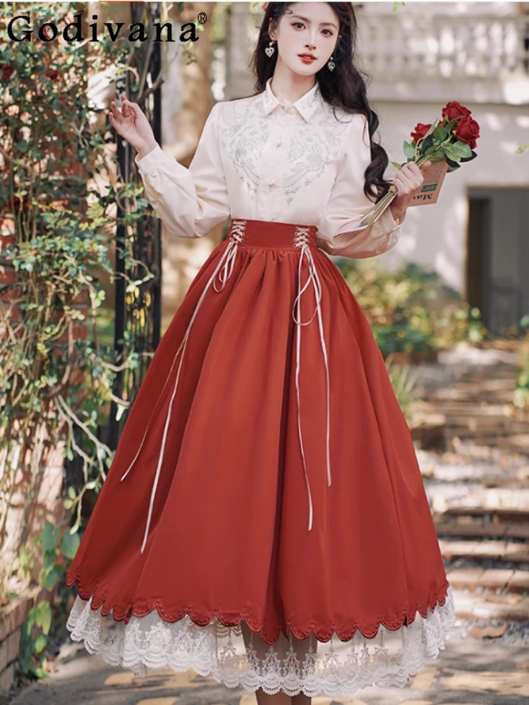 

French Retro Art Embroidery Long Sleeve Loose Shirt Top Fashion Versatile Age Reducing Lace Big Swing Long Lolita Lace Up Skirt