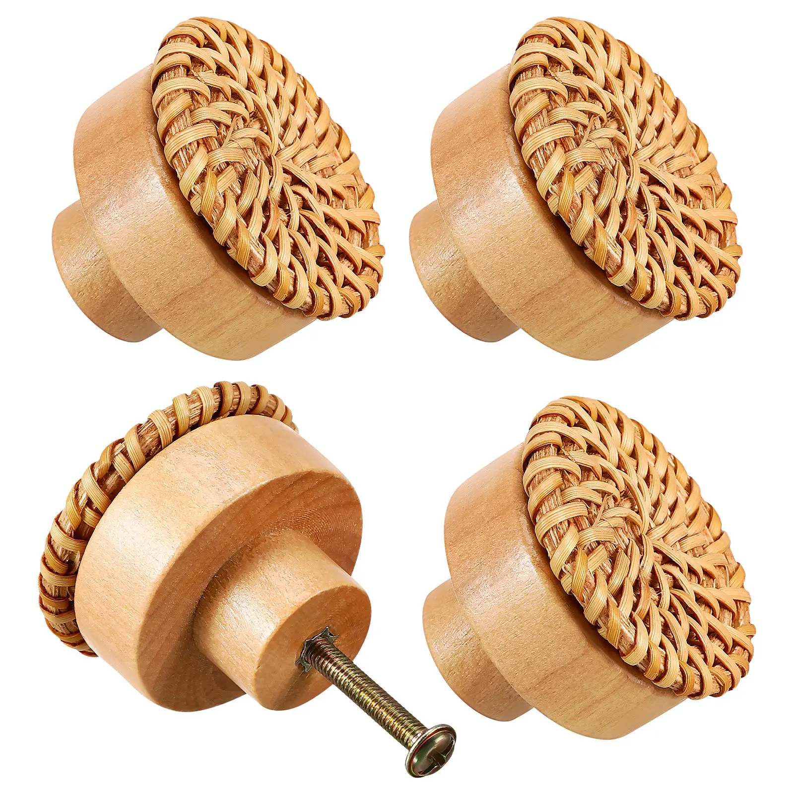 4Pcs Rattan Wood Drawer Knobs Boho Woven Pattern Elegant Natural Look Dresser Cabinet Cupboard Pulls Easy Installation Hardware