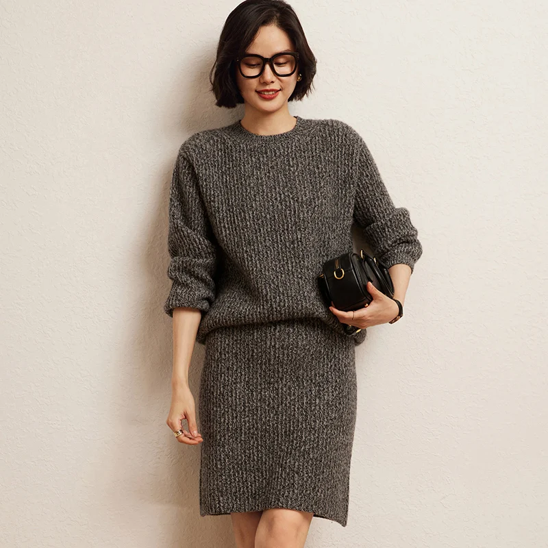 2024 Autumn Winter High Quality Fashion Suit 100% Cashmere Knit Sweater Women Cardigan And Skirt Two-Piece Female Girl Clothing