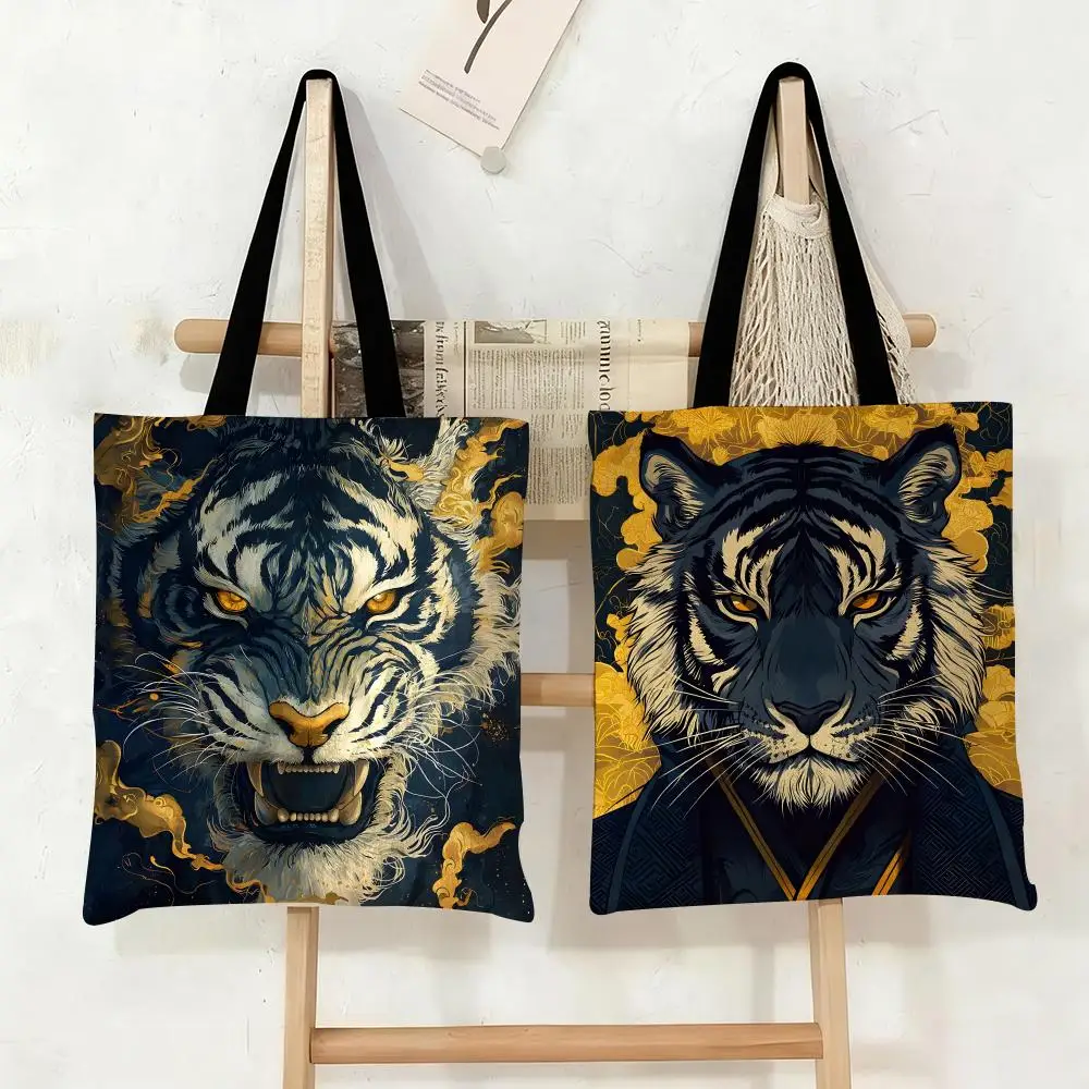 Tiger Golden Mist Storage Bags Canvas Tote Bag Large Capacity Double-Sided Print Reusable Shopping Bag Eco-Friendly Shoulder Bag