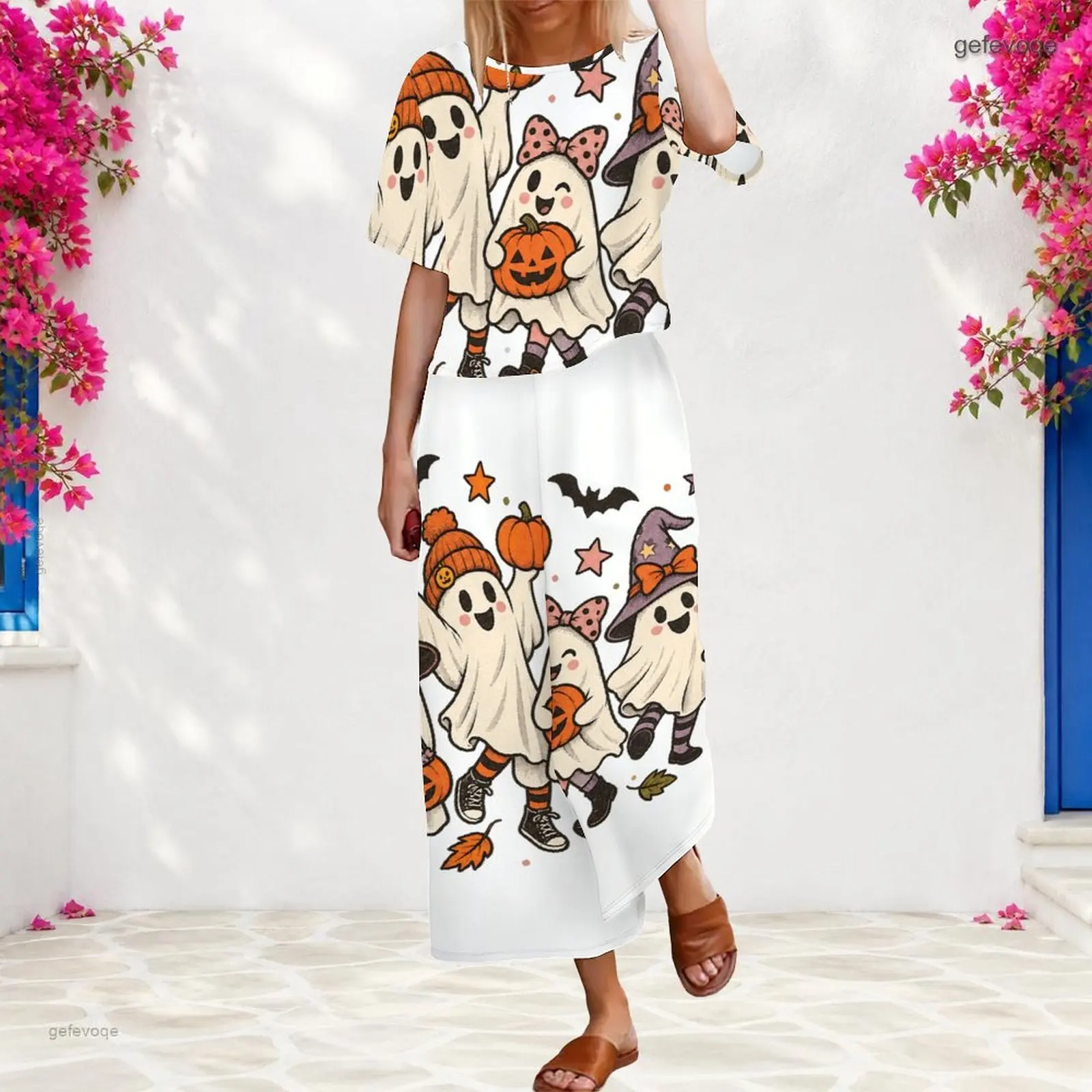 Women 2 Piece Outfit Round Neck Short Sleeve Top With Elastic Waist Wide Leg Pants Set Custom Print Ladies Casual Loungewear
