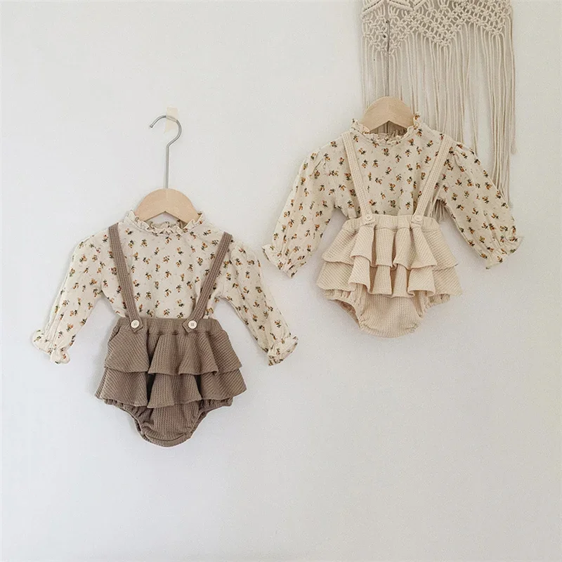 Spring Autumn Newborn Baby Girl Clothes Cotton Floral Baby Girl Blouse Romper Dress Ruffled Infant Outfit Suit