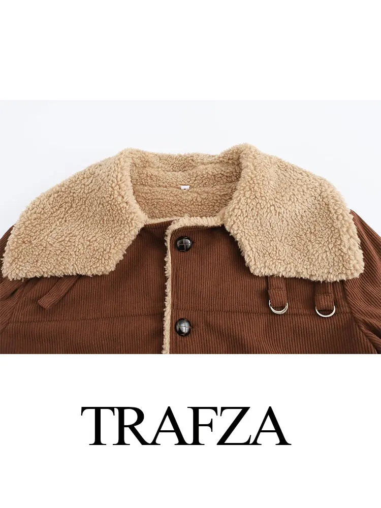 TRAFZA 2024 Donne di Inverno di Modo Più Cappotto di Velluto Gira-giù il Collare Cardigan Allentato Femminile Selvaggio Donna Velluto A Coste Cappotto Top