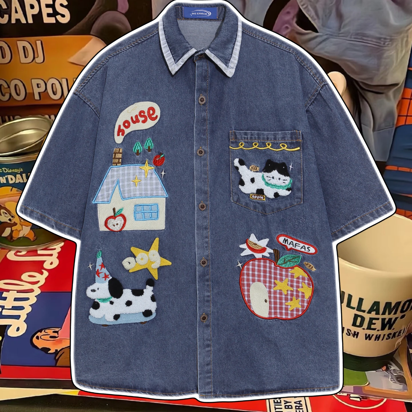 

Cotton Casual irt Embroidered Cartoon Dog Patchwork Denim ex Breathable ort Sve Flip Collar Button Closure Coat
