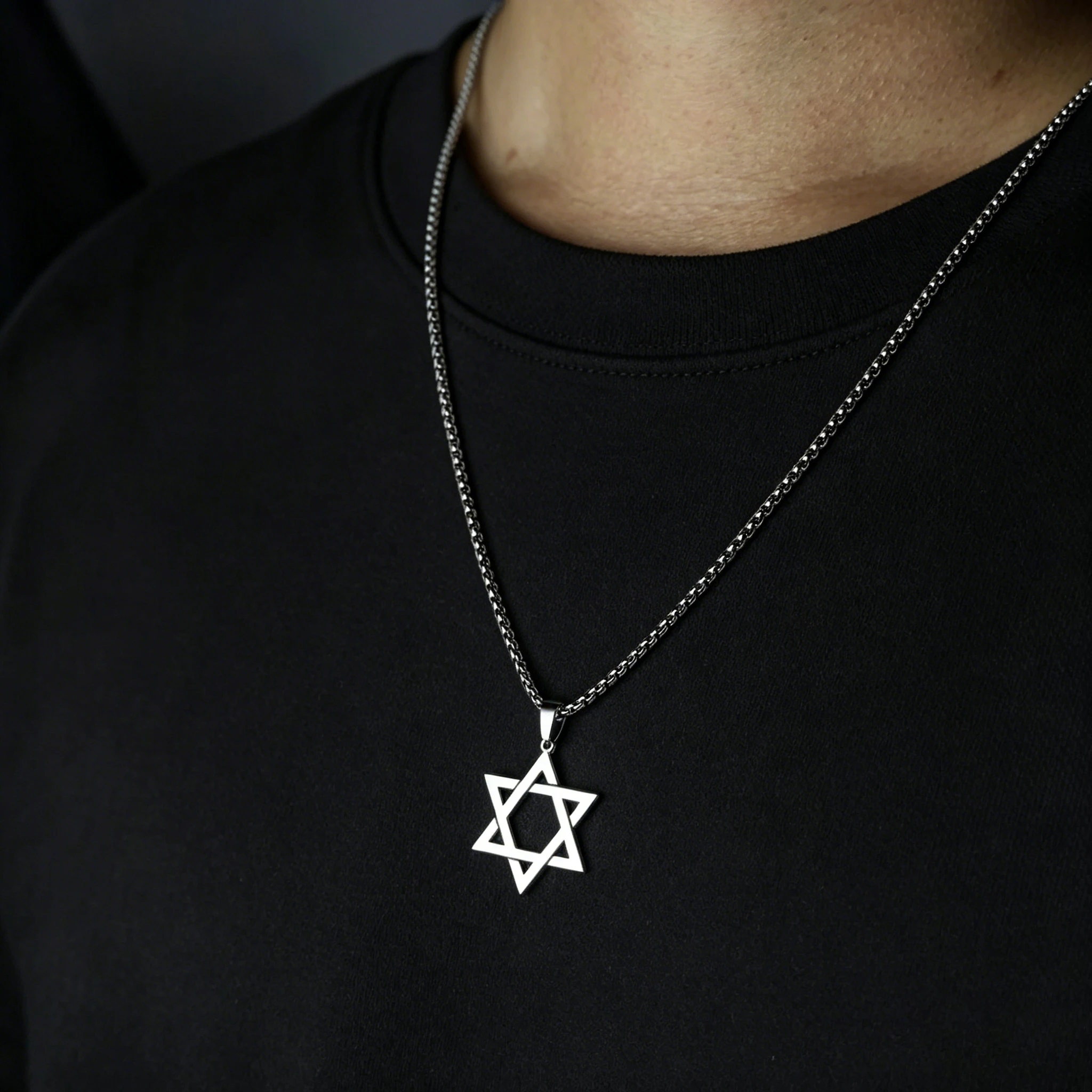 Unisex Modern Star of David Pendant Free Chain 24 inch Black Gold Silver Stainless Steel Israel Jewish Gift for Women Men