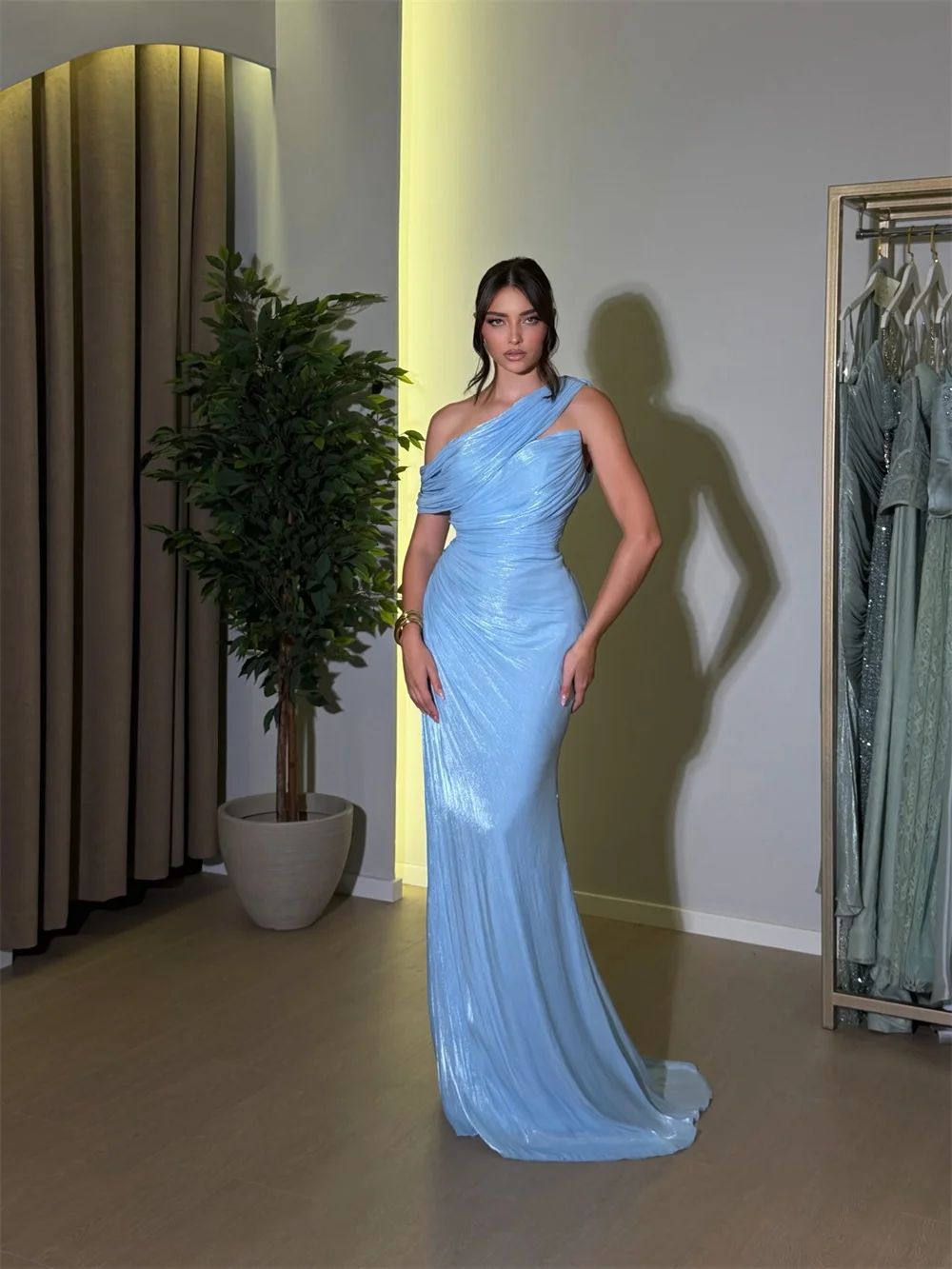 Contessa Custom Baby Blue One Shoulder Shawl Prom Dresses Multilayer Pleats Vestidos De Noche Elegant Mermaid Formal Evening