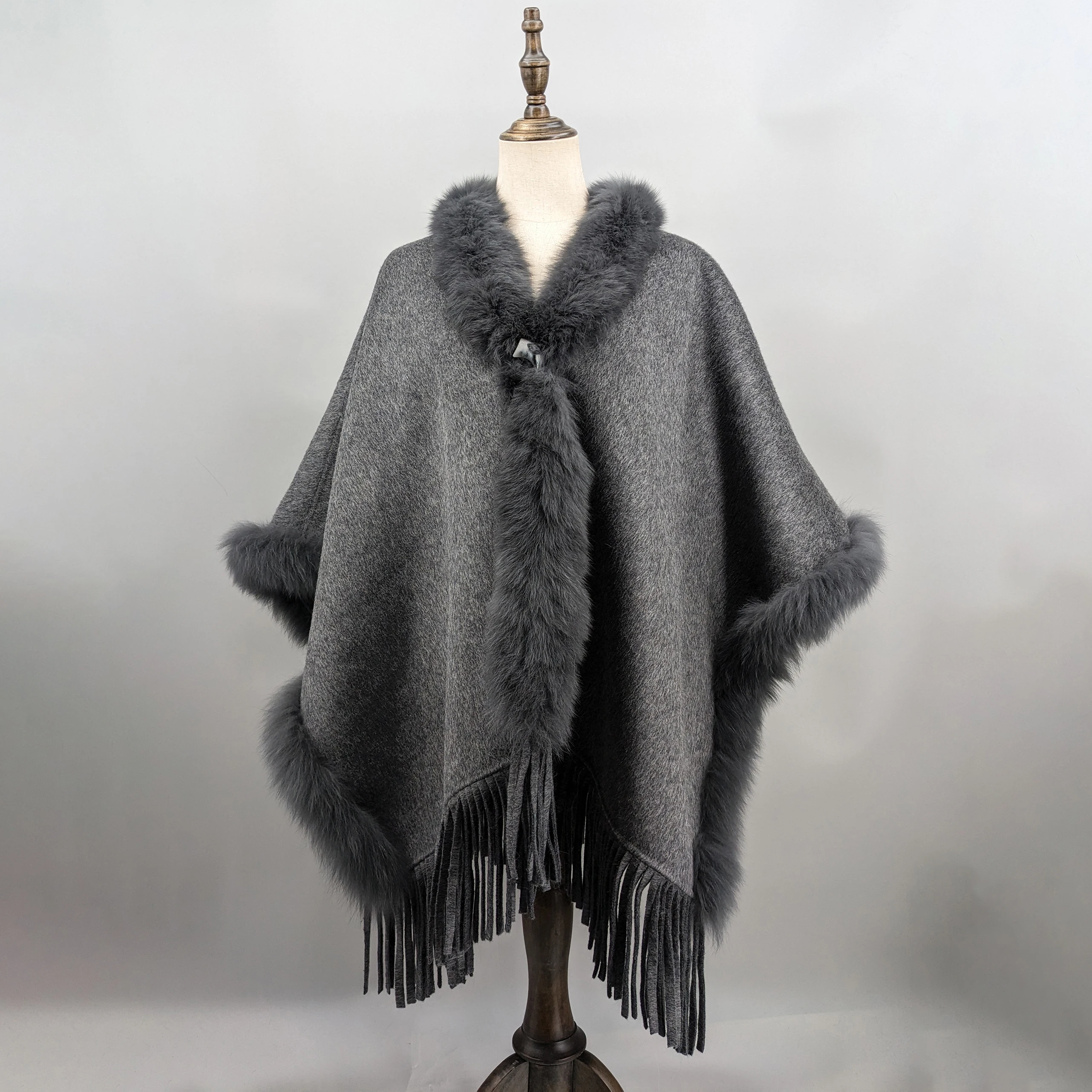 Women 100% wool shawl coat with fox fur-trim lower hem with fringe dark grey color 241169