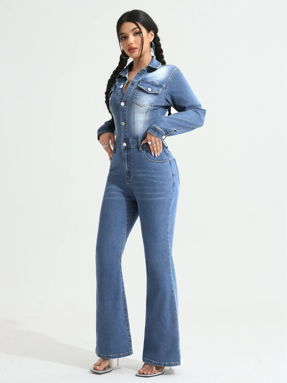 Women's Denim Jumpsuit 2025 - High Waisted Slim Fit Flared Romper, Stretchy Bohemian Chic One Piece Jeans for Ladies