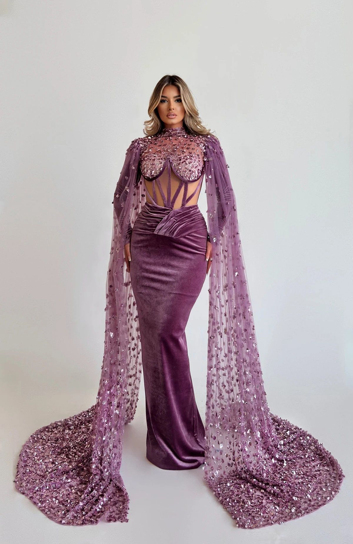 Gorgeous Mermaid Evening Dresses For Women High Collar Long Sleeves Gowns Crystal Dress For Party Custom Made