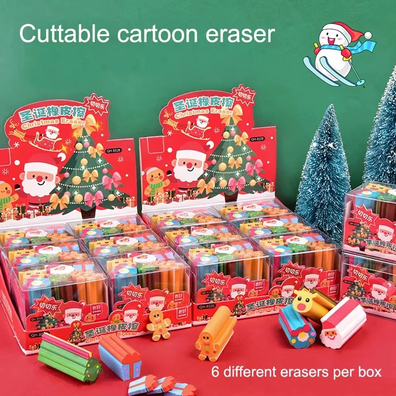 Borrador navideño de dibujos animados, recortable, regalos navideños en caja para compartir, seis estilos diferentes en cada caja, se limpian sin dejar rastro.