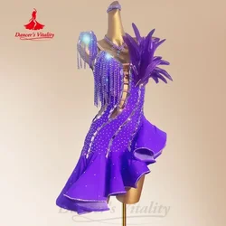 Latin Dance Competition Dresses High-end Customized Luxury Rhinestone Feather Tassel Dress Adult and Child Performance Costume