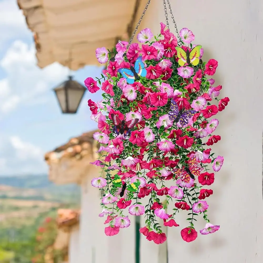 

4 шт. искусственных цветов для улицы, реалистичные искусственные подвесные цветы для улицы, устойчивые к УФ-излучению искусственные растения, шелковые петунии