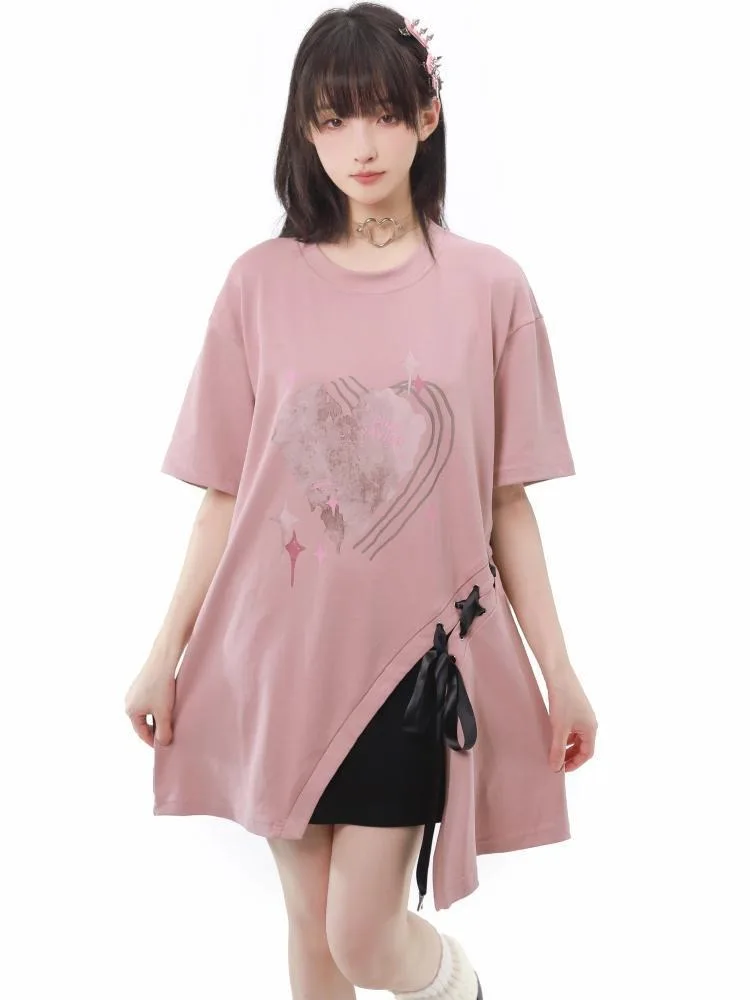 Woman Loose Tees 2024 Summer New Korean Casual Splicing Short Sleeve Long Pulovers T Shirt Fashion Trend Elegant Vintage Top