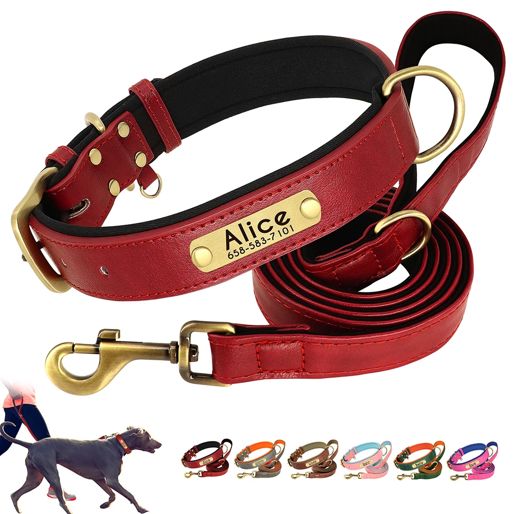 

Custom Dog Collar Leash PU Leather Personalized Puppy Collar 5ft Lead Pet ID Name Number Necklace For Small Medium Large Dogs